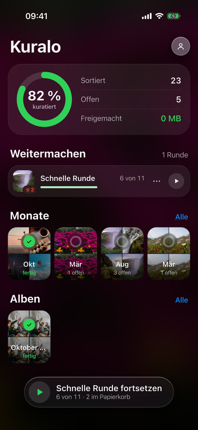 Kuralo Startseite mit dem Galerie-Ring bei 82 Prozent, Monaten und Alben